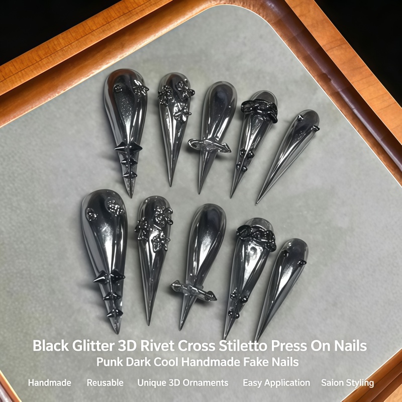 Nail Art Glitter - Neue 10 Stück Gothic Graue Glitzer-Stiletto-Kunstnägel,
