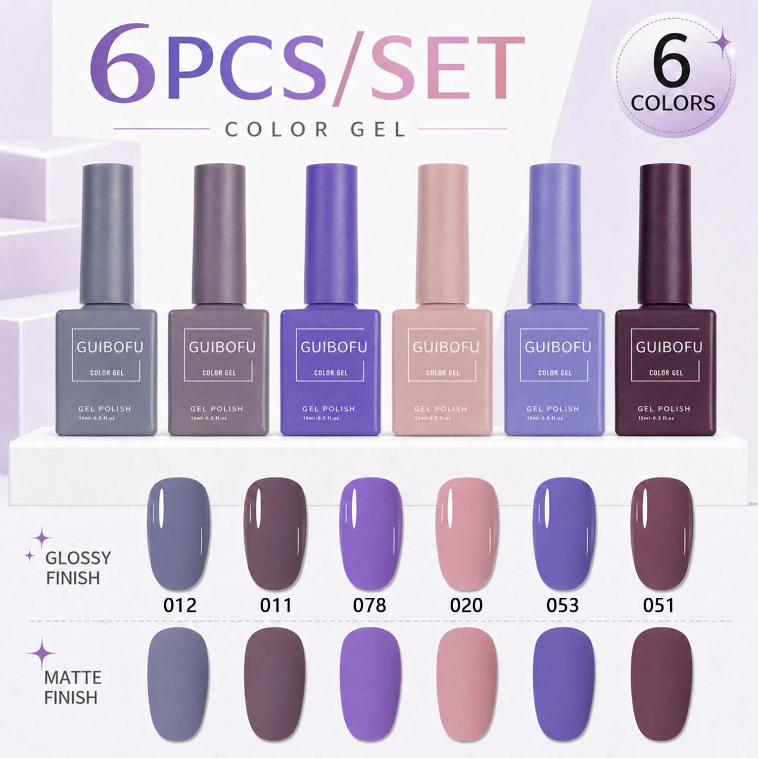 Nail Art Dusty Pink - 6 Stück 15ml Gel-Nagellack-Set, Lavendel, Violett,
