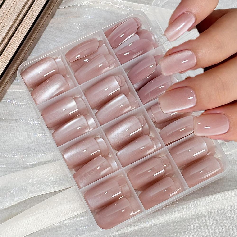 Nail Art Wedding - 144 Stück glänzende, hautfarbene, rosa Katzenaugen-Kunstnägel,