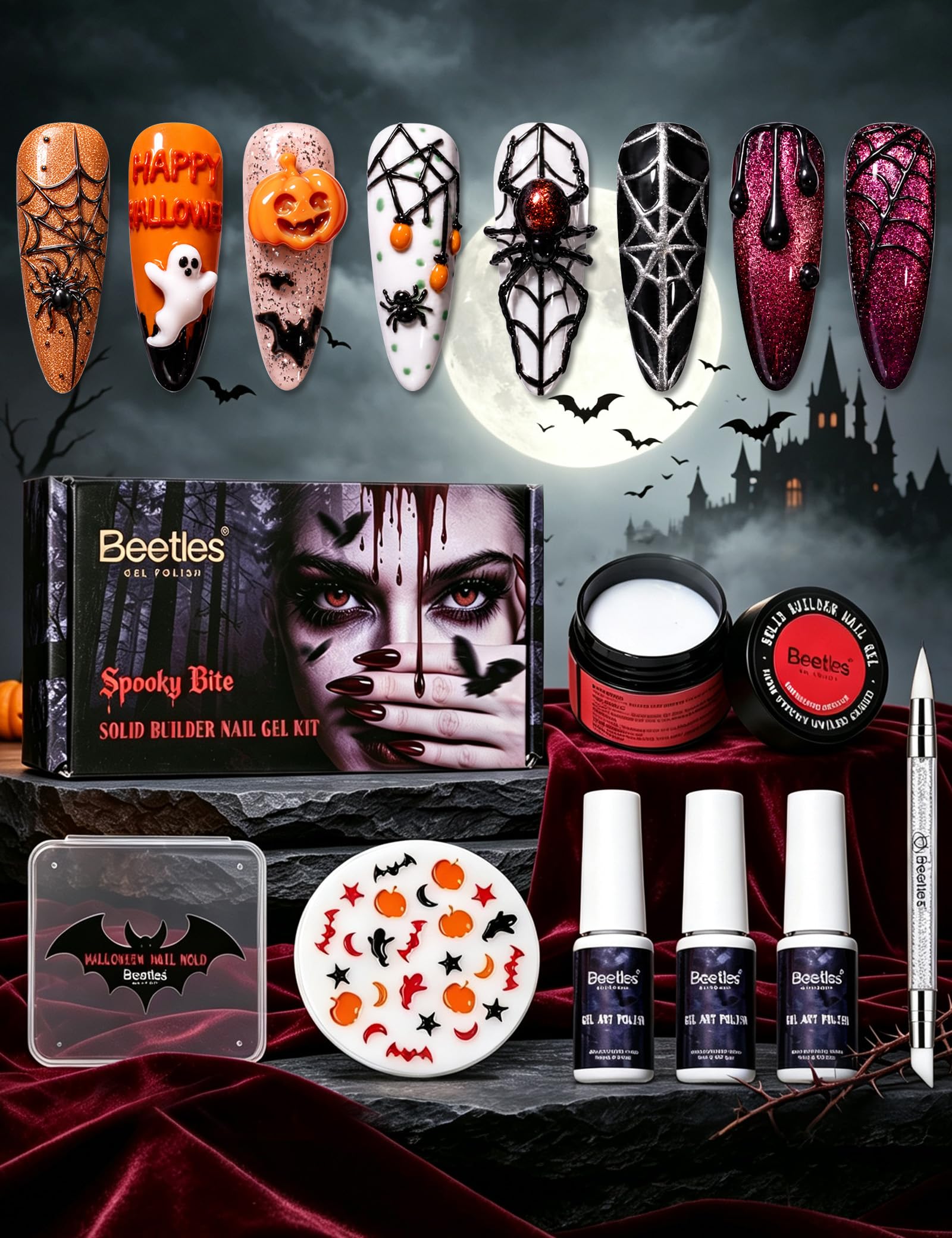 Nail Art Vampire - Beetles 3D Gel Nagelkunst Weißer Gruseliger
